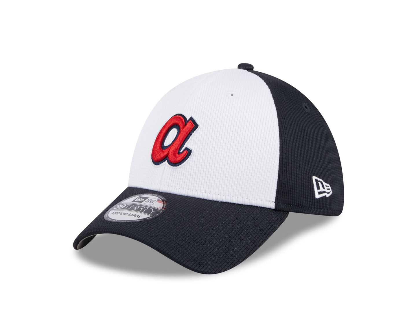 Mens New Era Atlanta Braves White/Navy 2024 Batting Practice 39Thirty Flex Fit Cap Official Team Hat Sports Fan Cap Official NFL Team Hat Football Fan Cap