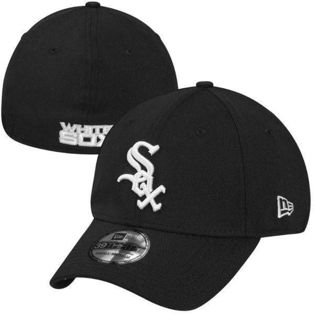 Men's Chicago White Sox New Era Black MLB Team Classic 39THIRTY Flex Hat Official Team Hat Sports Fan Cap Official NFL Team Hat Football Fan Cap