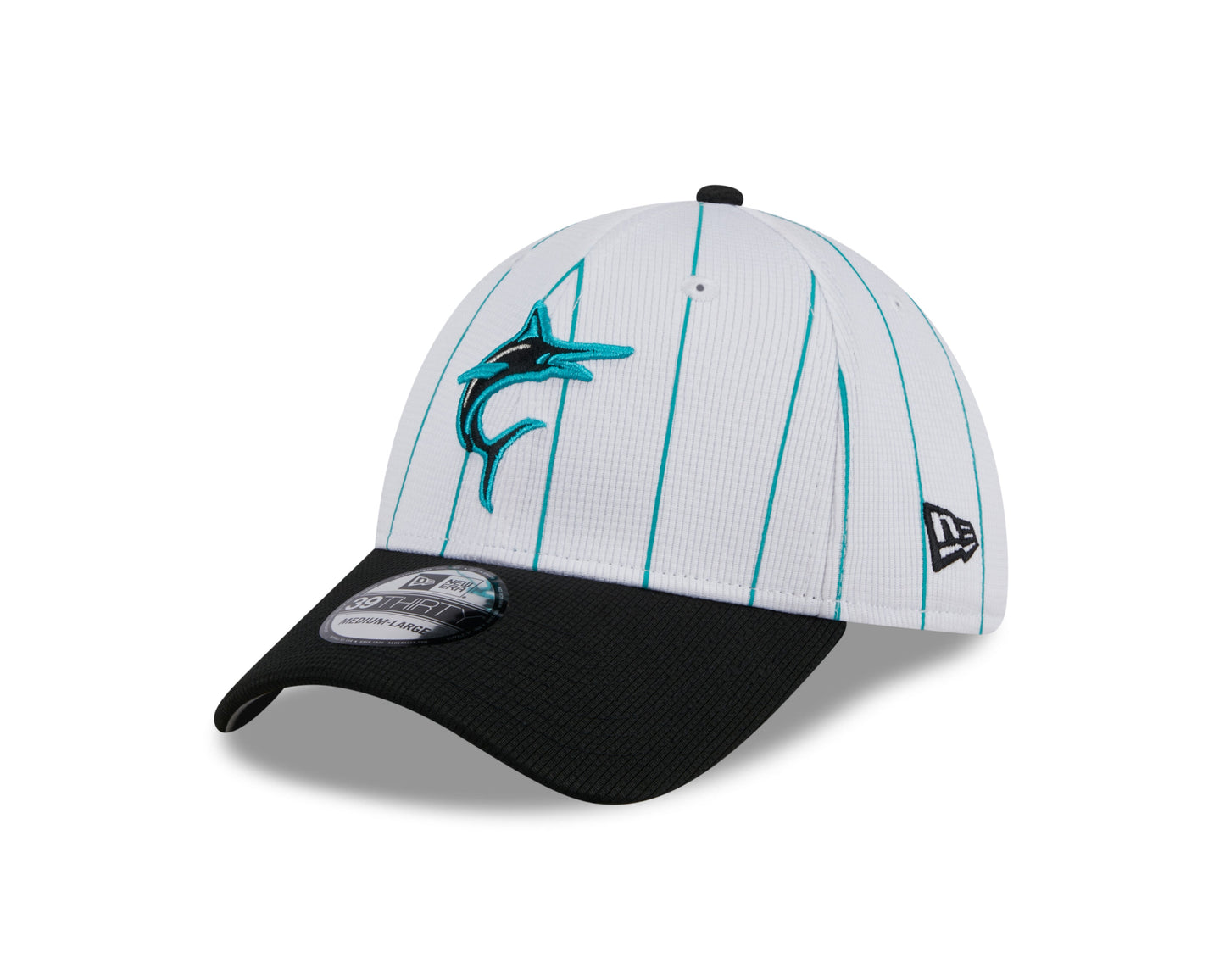 Men's Miami Marlins New Era 2024 Batting Practice White/Black 39THIRTY Flex-Fit Hat Official Team Hat Sports Fan Cap Official NFL Team Hat Football Fan Cap
