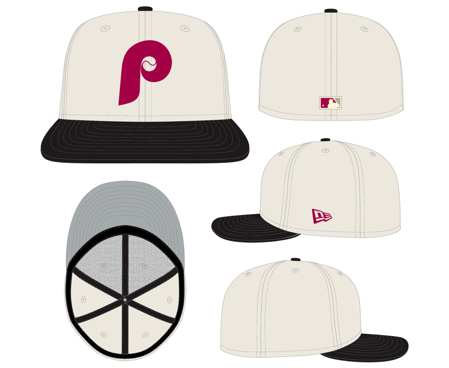 Philadelphia Phillies Cooperstown Collection Cream/Black Leather Visor New Era 59FIFTY Fitted Hat Official Team Hat Sports Fan Cap Official NFL Team Hat Football Fan Cap
