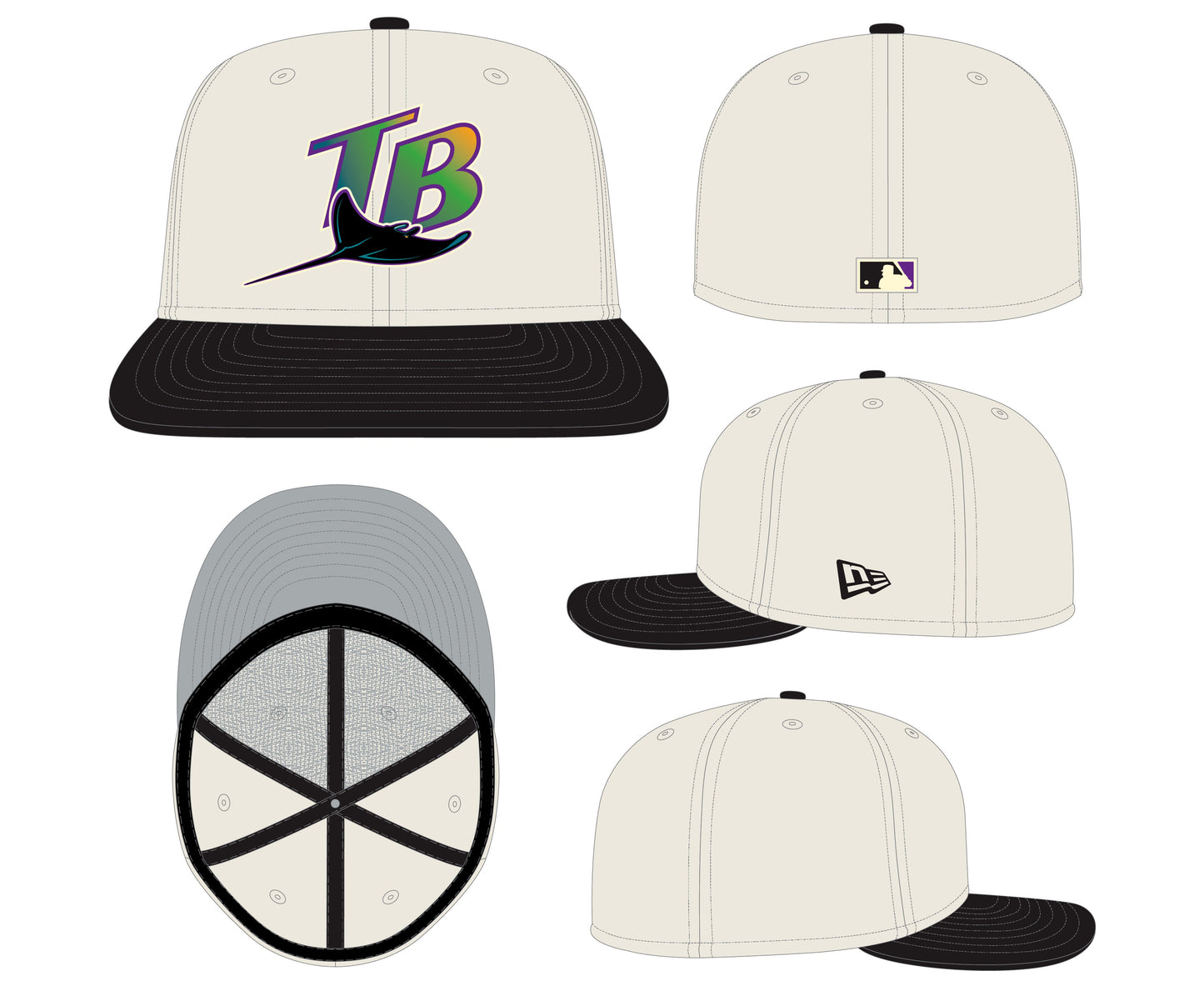 Tampa Bay Devil Rays Cooperstown Collection Cream/Black Leather Visor New Era 59FIFTY Fitted Hat Official Team Hat Sports Fan Cap Official NFL Team Hat Football Fan Cap