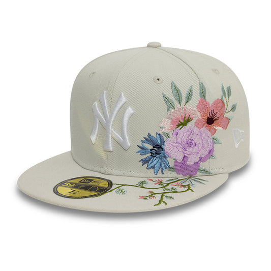 New York Yankees MLB Floral 59Fifty New Era Cream/White Official Team Hat Sports Fan Cap Official NFL Team Hat Football Fan Cap