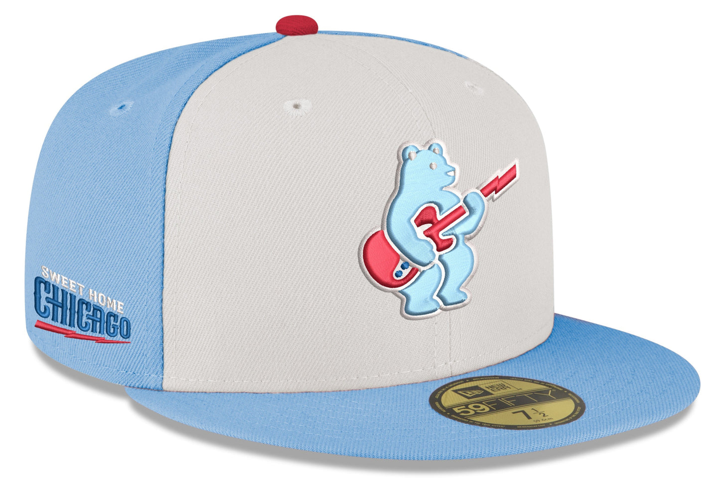 Men's Chicago Cubs New Era Chrome/ Sky Blue Guitar Bear Alternate 59FIFTY Fitted Hat Official Team Hat Sports Fan Cap Official NFL Team Hat Football Fan Cap