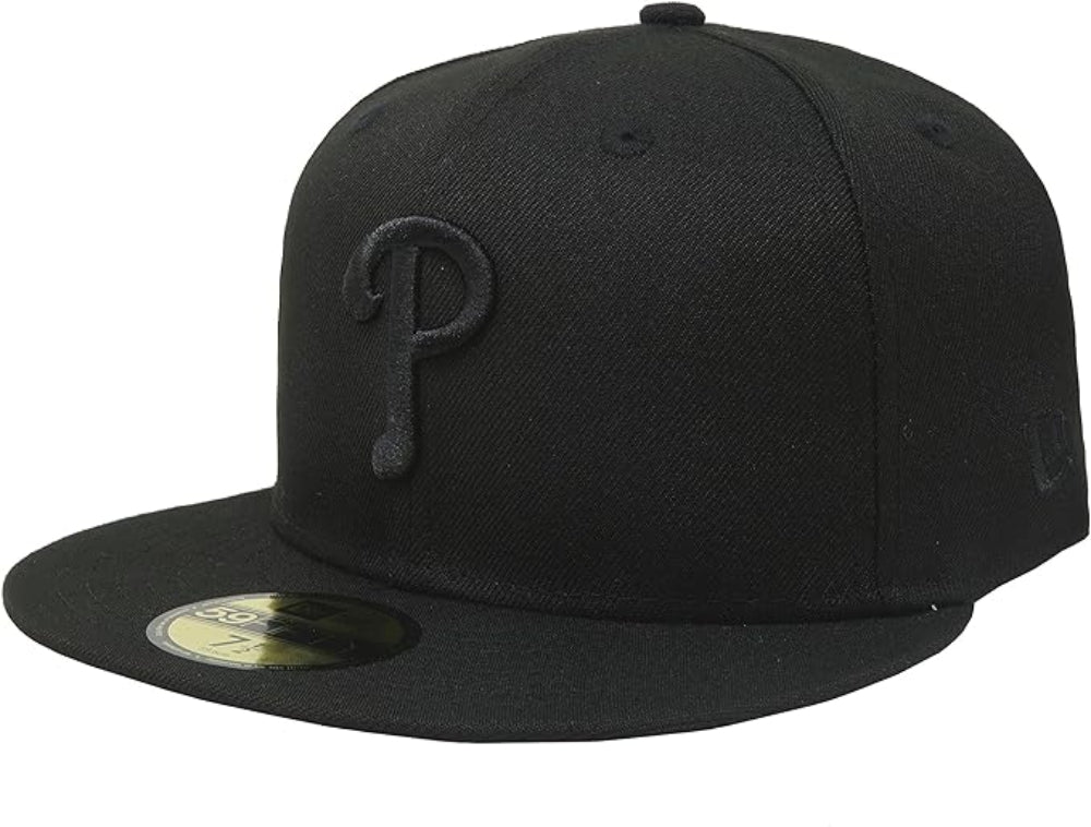Men's Philadelphia Phillies Tonal Black On Black 59FIFTY Fitted Hat Official Team Hat Sports Fan Cap Official NFL Team Hat Football Fan Cap