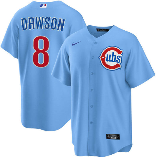 NIKE Men's Chicago Cubs Andre Dawson #8 Light Blue 2nd Alternate Replica Jersey Official Team Jersey Sports Fan Apparel Official NFL Team Jersey Football Fan Apparel