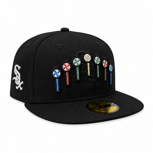 Chicago White Sox New Era Black Pinwheels 59FIFTY Fitted Hat Official Team Hat Sports Fan Cap Official NFL Team Hat Football Fan Cap
