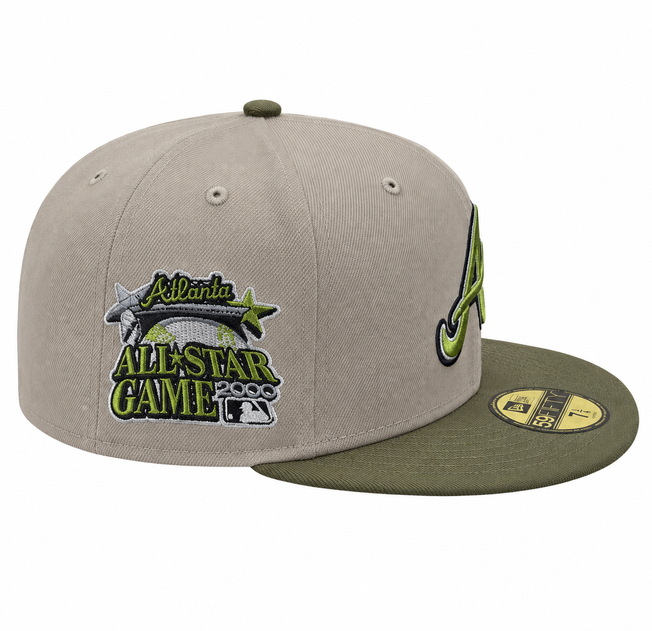 Atlanta Braves New Era 2 Tone Stone/ Green Bark Sevendust Home inspired 59FIFTY Fitted Hat Official Team Hat Sports Fan Cap Official NFL Team Hat Football Fan Cap