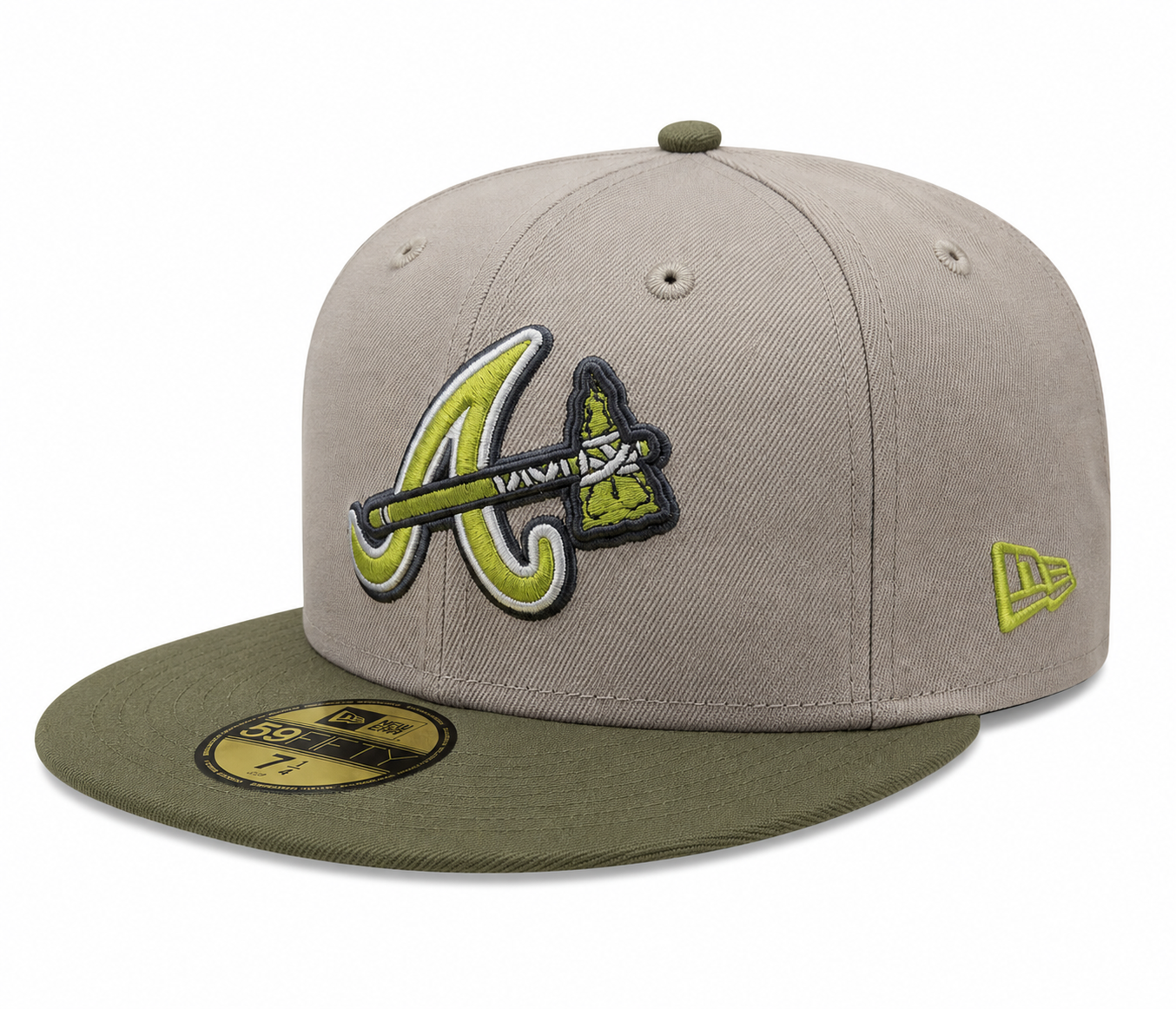 Atlanta Braves New Era 2 Tone Stone/ Green Bark Sevendust Home inspired 59FIFTY Fitted Hat Official Team Hat Sports Fan Cap Official NFL Team Hat Football Fan Cap