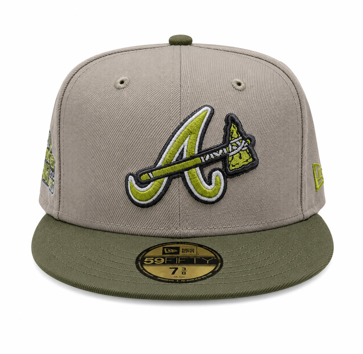 Atlanta Braves New Era 2 Tone Stone/ Green Bark Sevendust Home inspired 59FIFTY Fitted Hat Official Team Hat Sports Fan Cap Official NFL Team Hat Football Fan Cap