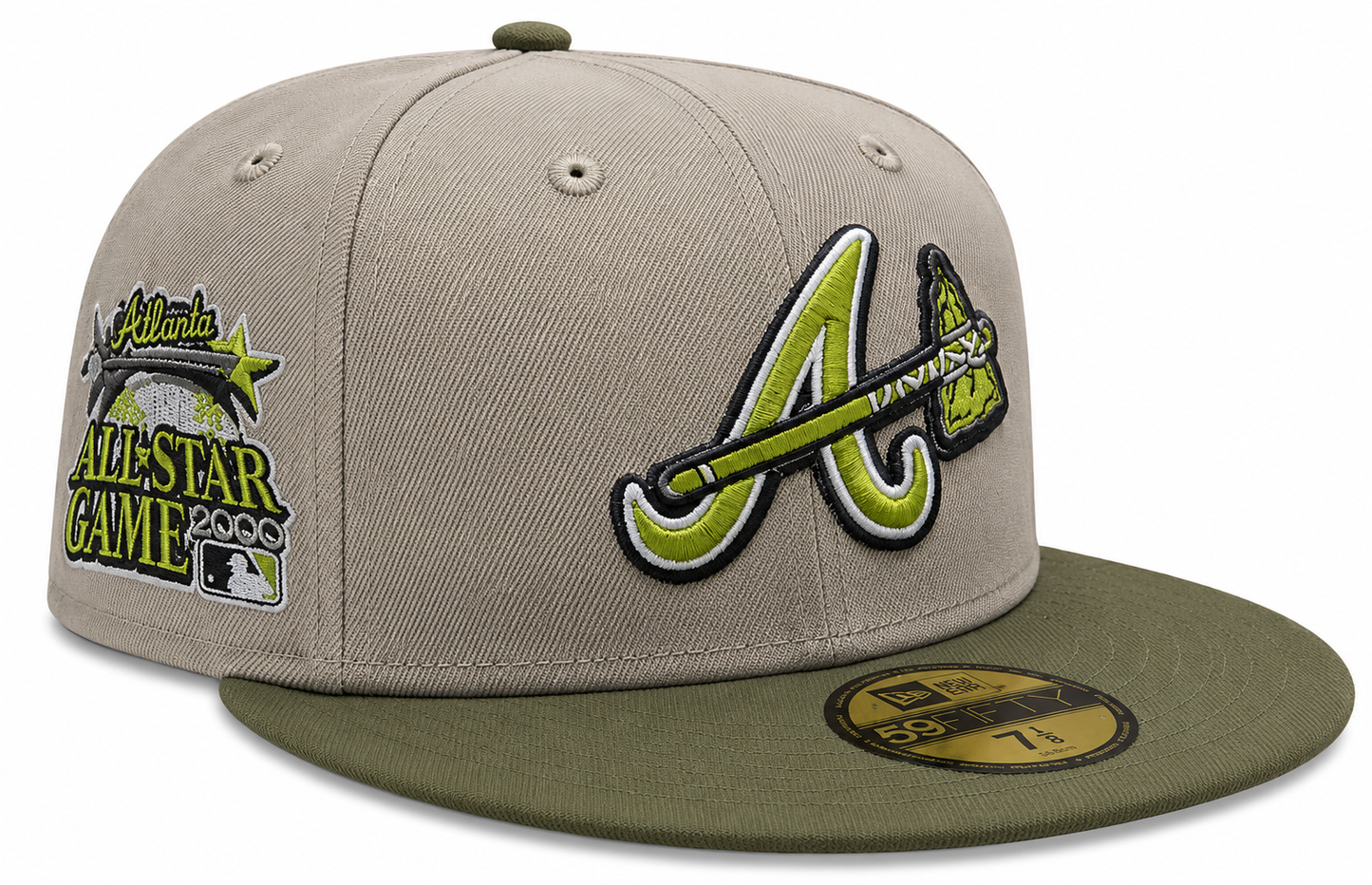 Atlanta Braves New Era 2 Tone Stone/ Green Bark Sevendust Home inspired 59FIFTY Fitted Hat Official Team Hat Sports Fan Cap Official NFL Team Hat Football Fan Cap