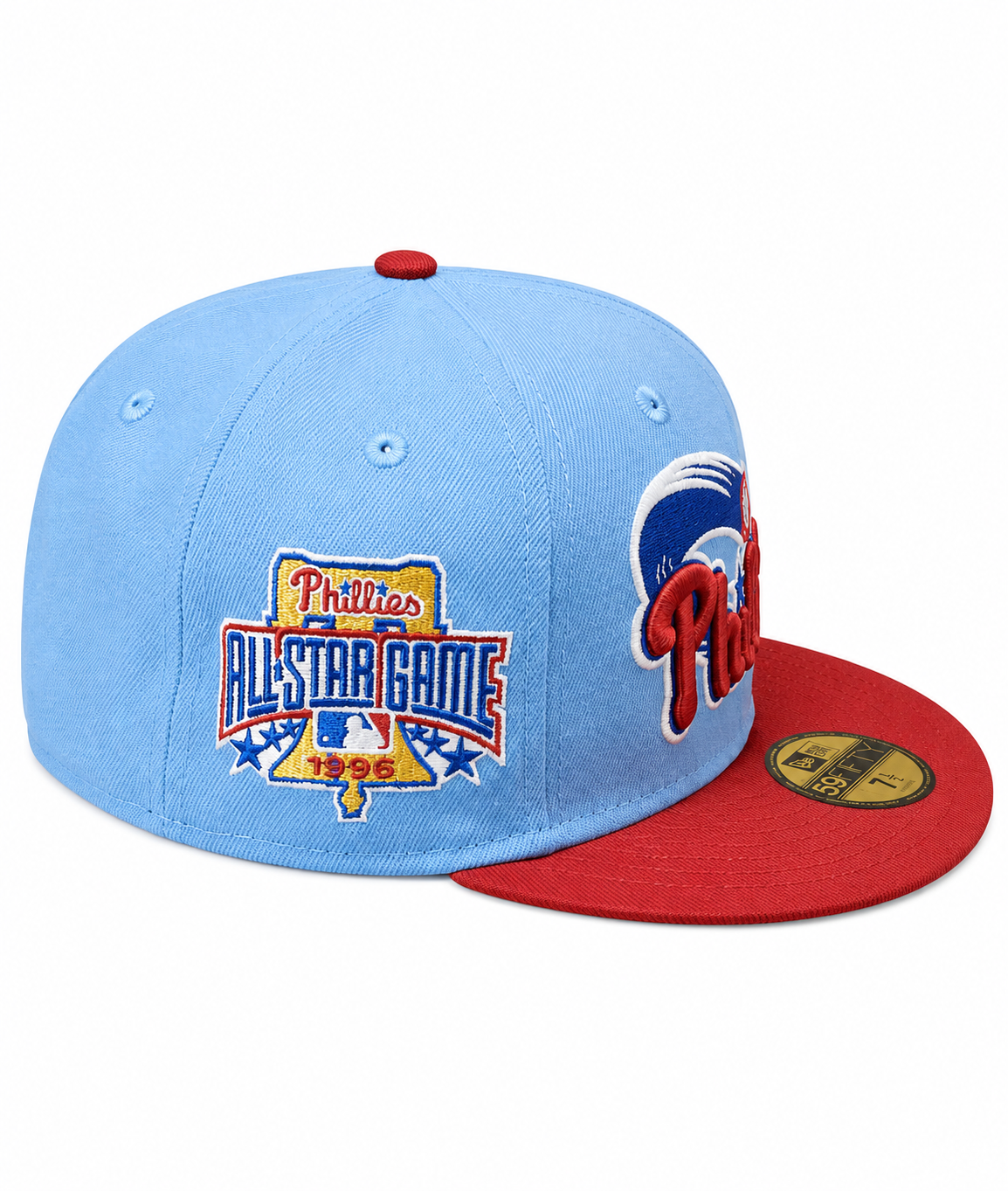 Philadelphia Phillies MLB 1996 ASG 2 Tone Sky Blue/Cardinal New Era 59FIFTY Fitted Hat Official Team Hat Sports Fan Cap Official NFL Team Hat Football Fan Cap