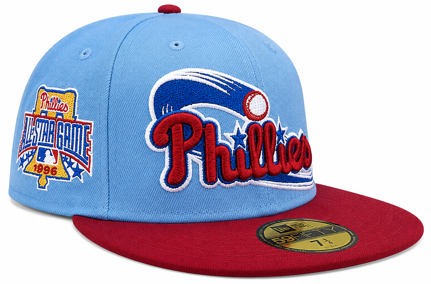 Philadelphia Phillies MLB 1996 ASG 2 Tone Sky Blue/Cardinal New Era 59FIFTY Fitted Hat Official Team Hat Sports Fan Cap Official NFL Team Hat Football Fan Cap