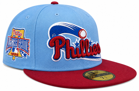 Philadelphia Phillies MLB 1996 ASG 2 Tone Sky Blue/Cardinal New Era 59FIFTY Fitted Hat Official Team Hat Sports Fan Cap Official NFL Team Hat Football Fan Cap