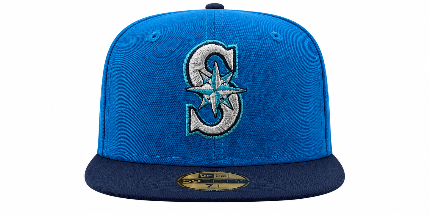 Seattle Mariners New Era 2 Tone Sunwash Ocean Blue Nirvana Nevermind Inspired 59FIFTY Fitted Hat Official Team Hat Sports Fan Cap Official NFL Team Hat Football Fan Cap
