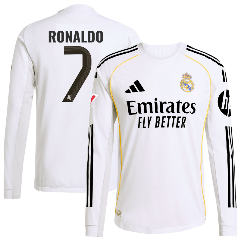 Cristiano Ronaldo 7 Real Madrid adidas 2025 26 Home Long Sleeve Jersey - White Official Team Jersey Sports Fan Apparel
