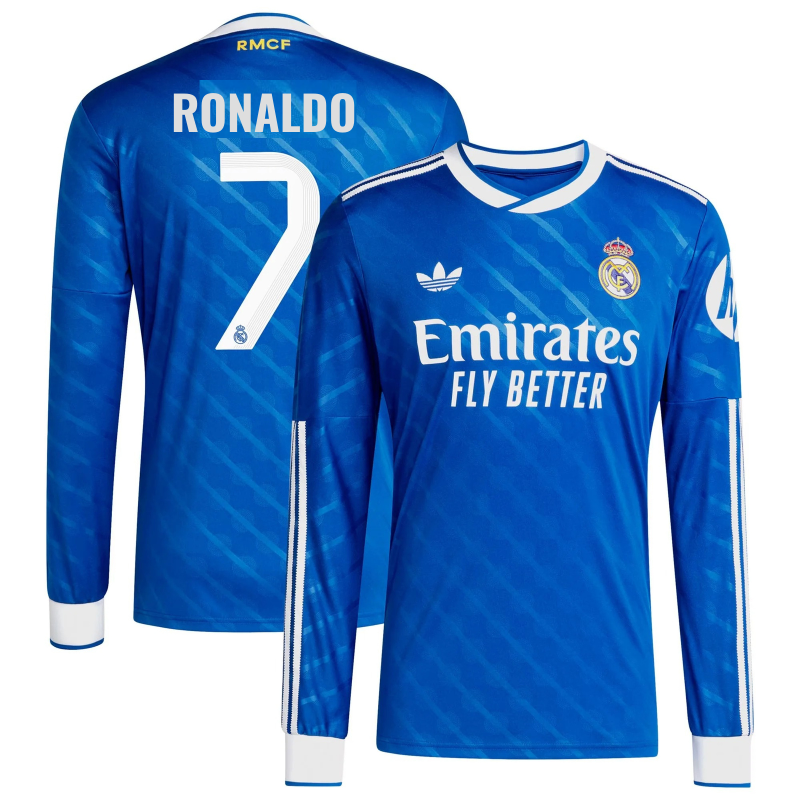 Cristiano Ronaldo 7 Real Madrid adidas 2025 26 Third Long Sleeve Player Jersey - Blue Official Team Jersey Sports Fan Apparel