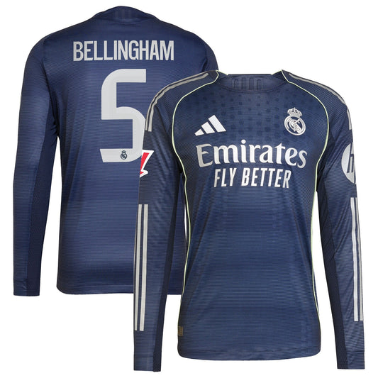 Jude Bellingham Real Madrid adidas 2025 26 Away Long Sleeve Player Jersey - Blue Official Team Jersey Sports Fan Apparel