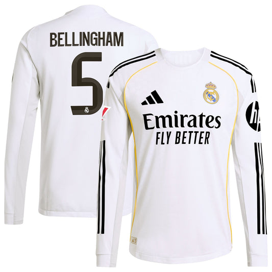 Jude Bellingham Real Madrid adidas 2025 26 Home Long Sleeve Jersey - White Official Team Jersey Sports Fan Apparel