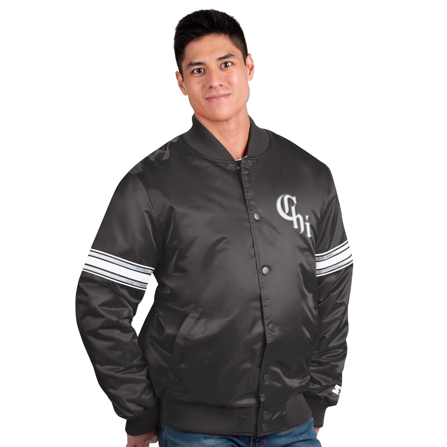 Men's Chicago White Sox City Connect Pick & Roll Starter Satin Jacket-Black Official Sports Fan Gear Official NFL Fan Gear