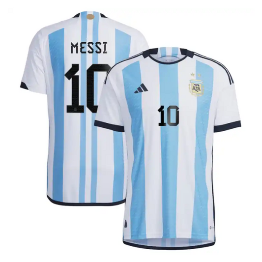 Lionel Messi 10 Argentina National Team Shirt 2022 Winners Home Jersey - White Light Blue Official Team Jersey Sports Fan Apparel