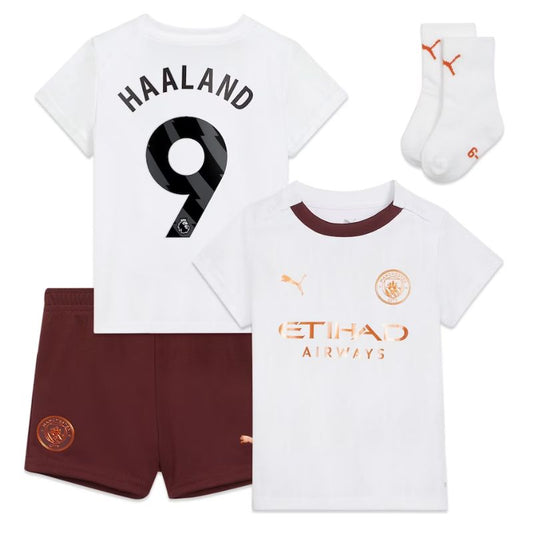 Manchester City Away Kids kit 2023-24 with Haaland 9 printing Jersey - White Official Team Jersey Sports Fan Apparel