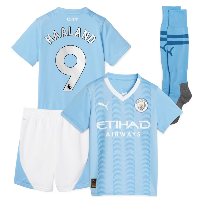 Manchester City Home Kids kit Puma 2023-24 Jersey Haaland 9 printing - Blue Official Team Jersey Sports Fan Apparel