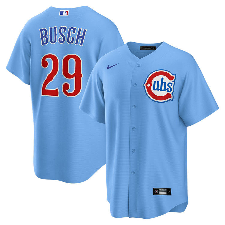 NIKE Men's Chicago Cubs Michael Busch #29 Light Blue 2nd Alternate Replica Jersey Official Team Jersey Sports Fan Apparel Official NFL Team Jersey Football Fan Apparel