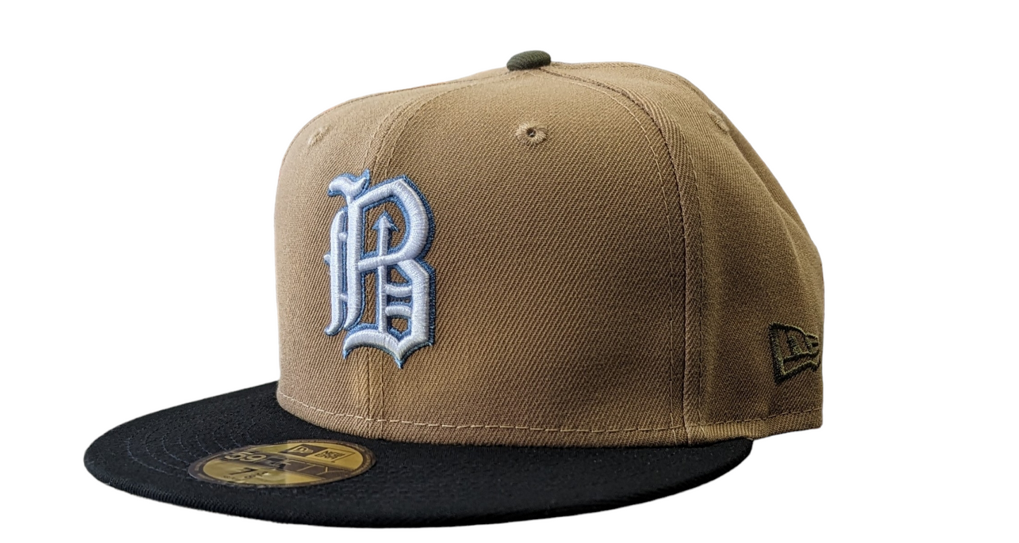 Birmingham Barons "Biff" New Era Southern League Khaki/Black/Olive 59FIFTY Fitted Hat Official Team Hat Sports Fan Cap Official NFL Team Hat Football Fan Cap