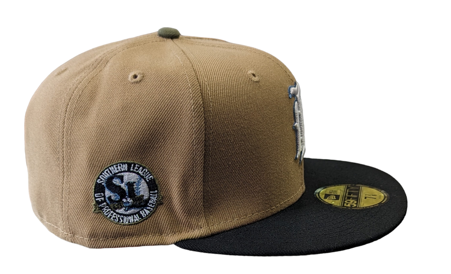 Birmingham Barons "Biff" New Era Southern League Khaki/Black/Olive 59FIFTY Fitted Hat Official Team Hat Sports Fan Cap Official NFL Team Hat Football Fan Cap