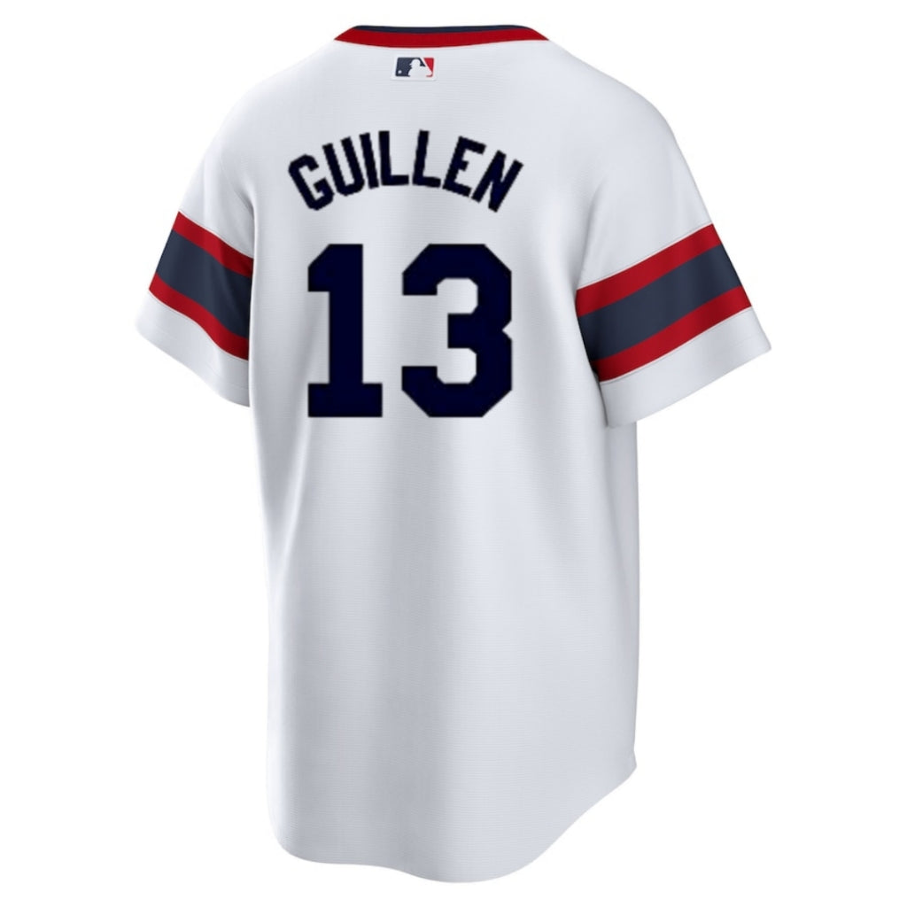 NIKE Men's Ozzie Guillen Chicago White Sox 1983 Home White Premium Lettering Replica Jersey Official Team Jersey Sports Fan Apparel Official NFL Team Jersey Football Fan Apparel