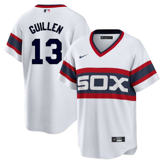 NIKE Men's Ozzie Guillen Chicago White Sox 1983 Home White Premium Lettering Replica Jersey Official Team Jersey Sports Fan Apparel Official NFL Team Jersey Football Fan Apparel