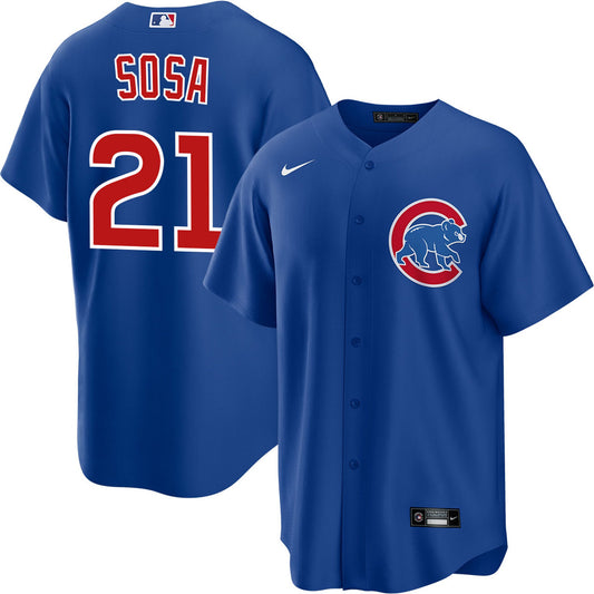 NIKE Men's Sammy Sosa Chicago Cubs Alternate Blue Premium Twill Replica Jersey Official Team Jersey Sports Fan Apparel Official NFL Team Jersey Football Fan Apparel