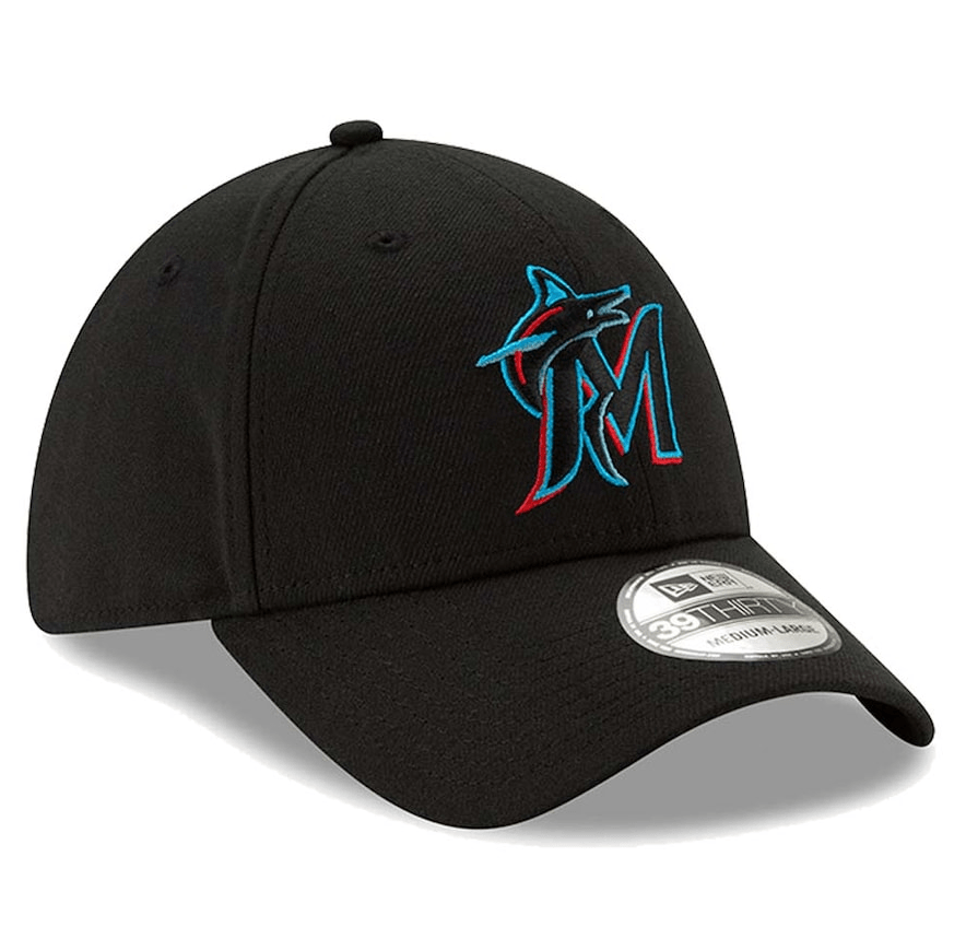 Men's Miami Marlins New Era Black Team Classic 39THIRTY Flex Hat Official Team Hat Sports Fan Cap Official NFL Team Hat Football Fan Cap
