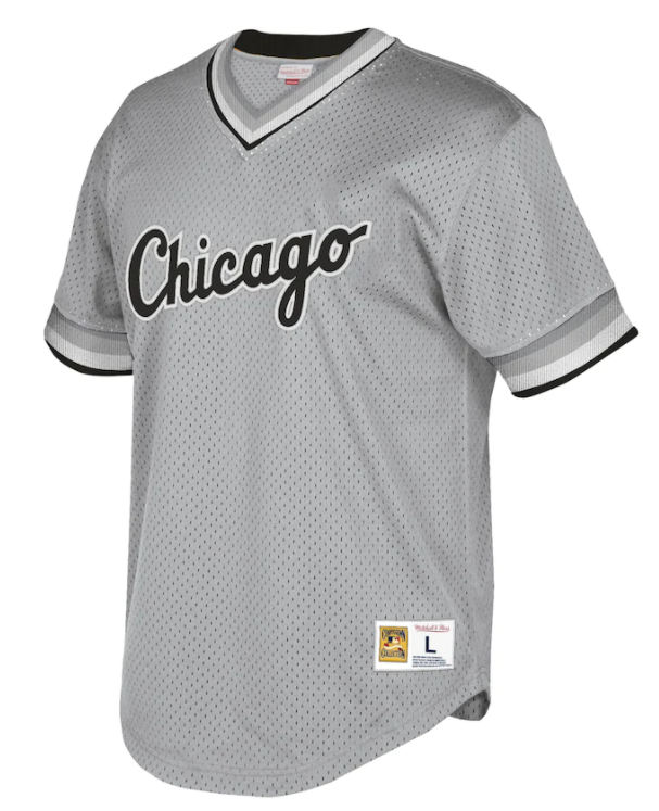 Men's Chicago White Sox Road Grey Cooperstown Collection V-Neck Mesh Batting Practice Jersey By Mitchell And Ness Official Team Jersey Sports Fan Apparel Official NFL Team Jersey Football Fan Apparel