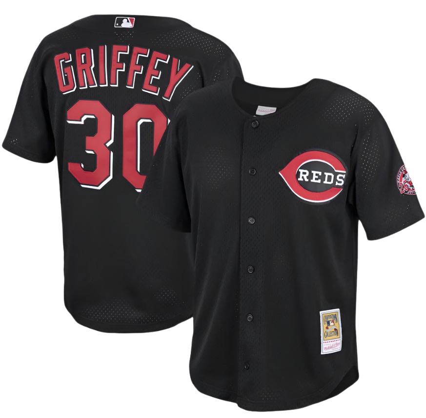 Men's Cincinnati Reds Ken Griffey Jr. Mitchell & Ness Black Cooperstown Collection Batting Practice Jersey Official Team Jersey Sports Fan Apparel Official NFL Team Jersey Football Fan Apparel
