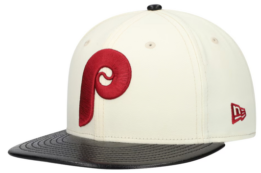 Philadelphia Phillies Cooperstown Collection Cream/Black Leather Visor New Era 59FIFTY Fitted Hat Official Team Hat Sports Fan Cap Official NFL Team Hat Football Fan Cap