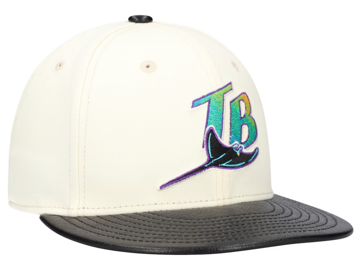 Tampa Bay Devil Rays Cooperstown Collection Cream/Black Leather Visor New Era 59FIFTY Fitted Hat Official Team Hat Sports Fan Cap Official NFL Team Hat Football Fan Cap