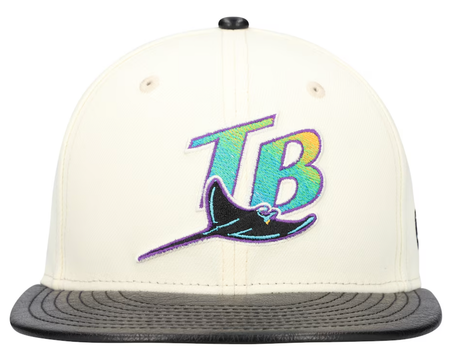 Tampa Bay Devil Rays Cooperstown Collection Cream/Black Leather Visor New Era 59FIFTY Fitted Hat Official Team Hat Sports Fan Cap Official NFL Team Hat Football Fan Cap