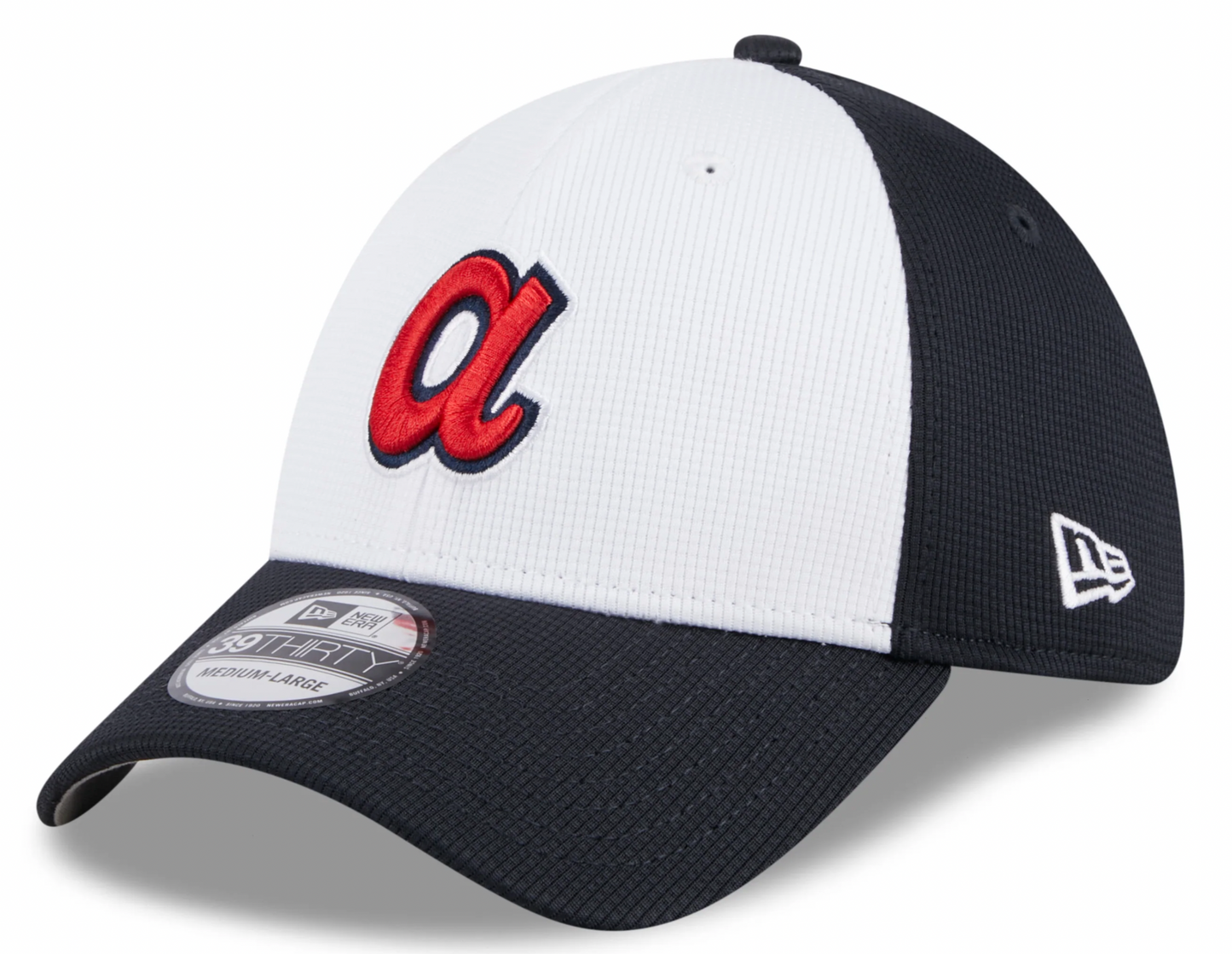 Mens New Era Atlanta Braves White/Navy 2024 Batting Practice 39Thirty Flex Fit Cap Official Team Hat Sports Fan Cap Official NFL Team Hat Football Fan Cap