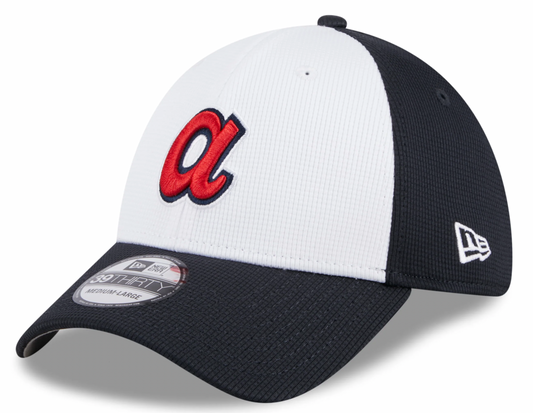 Mens New Era Atlanta Braves White/Navy 2024 Batting Practice 39Thirty Flex Fit Cap Official Team Hat Sports Fan Cap Official NFL Team Hat Football Fan Cap