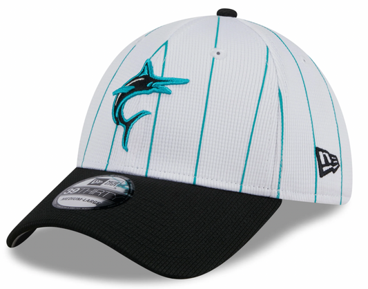Men's Miami Marlins New Era 2024 Batting Practice White/Black 39THIRTY Flex-Fit Hat Official Team Hat Sports Fan Cap Official NFL Team Hat Football Fan Cap