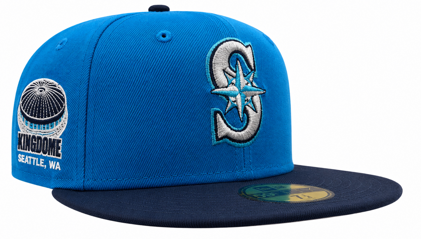 Seattle Mariners New Era 2 Tone Sunwash Ocean Blue Nirvana Nevermind Inspired 59FIFTY Fitted Hat Official Team Hat Sports Fan Cap Official NFL Team Hat Football Fan Cap