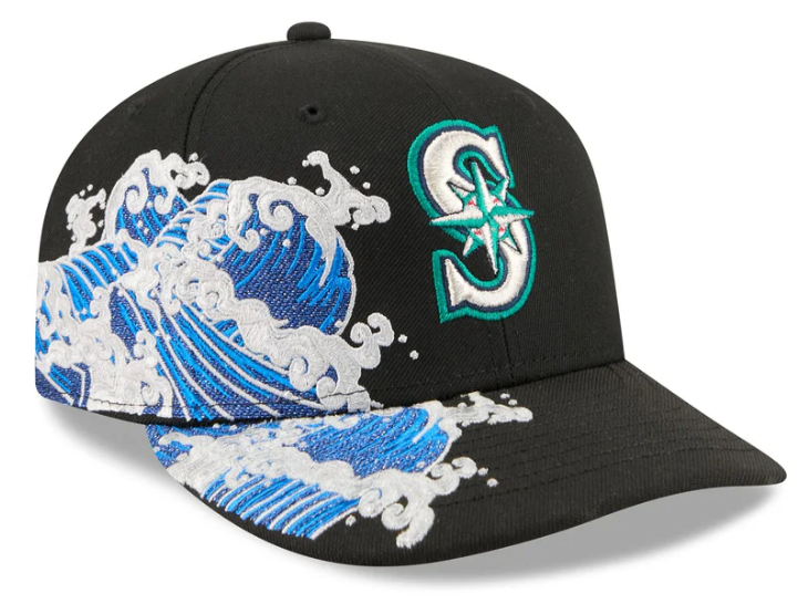 Seattle Mariners MLB Waves 59FIFTY Fitted New Era Black/White Official Team Hat Sports Fan Cap Official NFL Team Hat Football Fan Cap