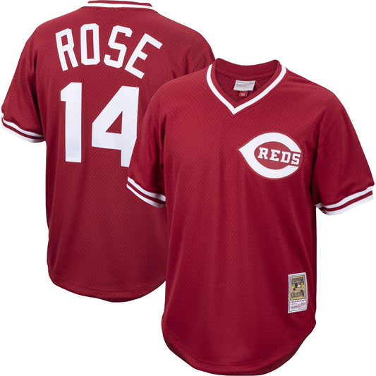 Men's Pete Rose Cincinnati Reds Mitchell & Ness Cooperstown Collection Authentic Mesh Batting Practice Jersey - Red Official Team Jersey Sports Fan Apparel Official NFL Team Jersey Football Fan Apparel