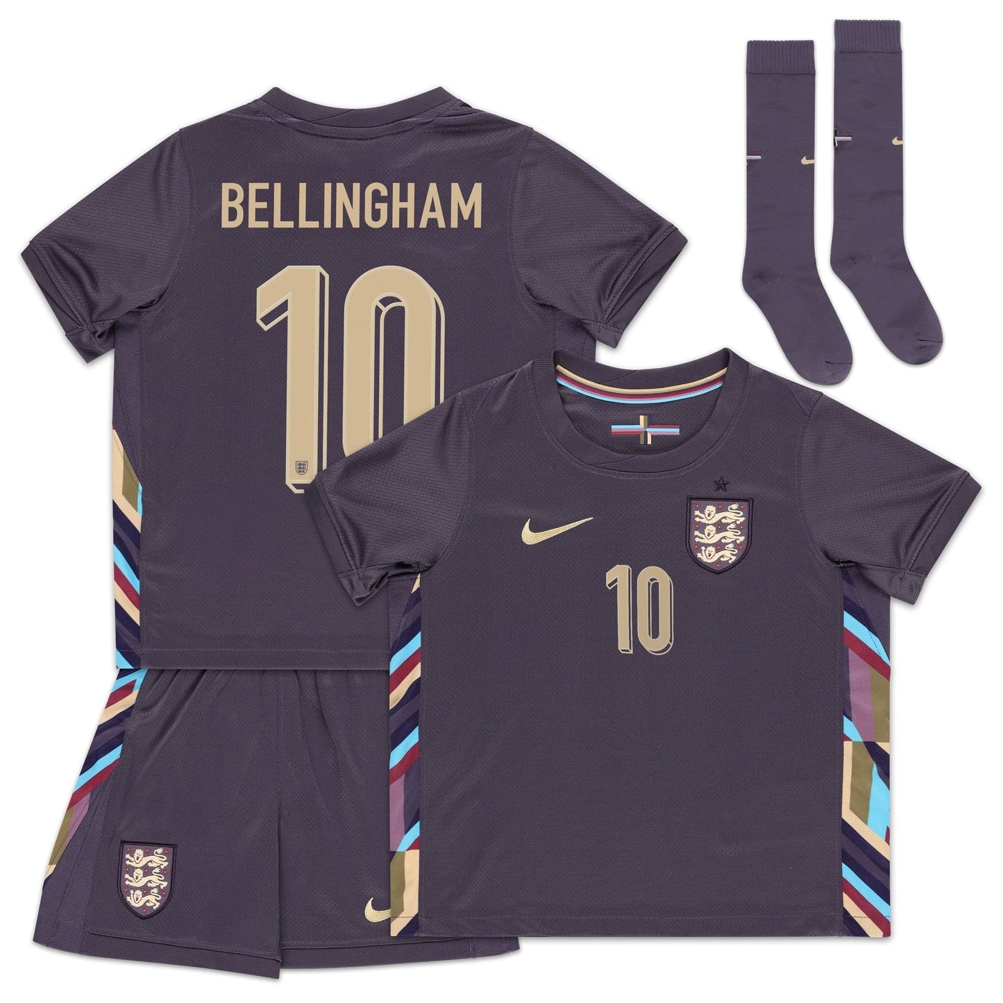 England Nike Away Stadium Mini Kit 2024 - Little Kids with Bellingham 10 printing Jersey - Purple Official Team Jersey Sports Fan Apparel