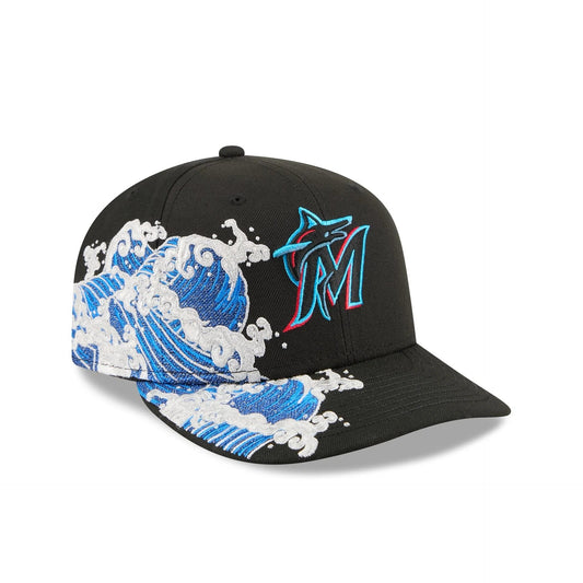 Miami Marlins MLB Waves 59FIFTY Fitted New Era Black/White Official Team Hat Sports Fan Cap Official NFL Team Hat Football Fan Cap