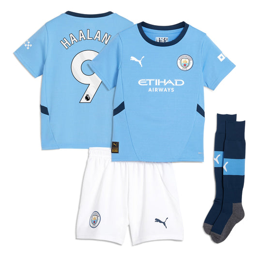 Manchester City PUMA Home Minikit 2024-25 with Haaland 9 printing Jersey - Blue Official Team Jersey Sports Fan Apparel