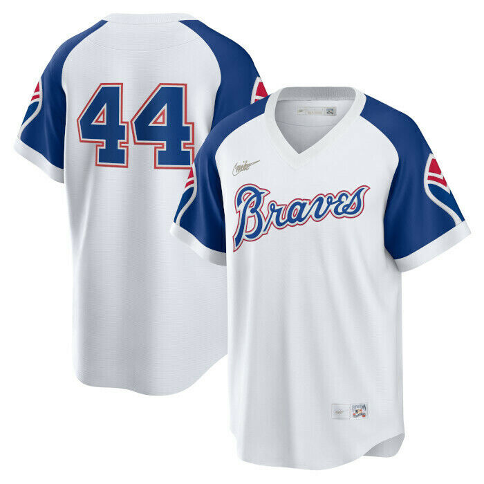 Nike Men's Atlanta Braves Hank Aaron Cooperstown Collection Home Replica Cool Base Jersey Official Team Jersey Sports Fan Apparel Official NFL Team Jersey Football Fan Apparel